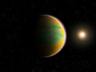 Extrasolar planet with sun. Star and planet in space. Far exoplanet from alien solar system.
