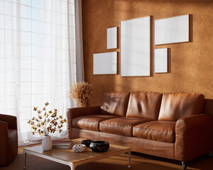 Mockup frame in modern living room. Interior design. Image placement template. Modern decoration. 3d render