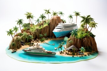 Fototapeta na wymiar getaway vacation island, cruise boat and mountain beach isolated