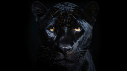 Fototapeta na wymiar Frontal perspective of a panther against a moody dark backdrop. Ideal for wildlife, nature, and nocturnal themes.Generative AI