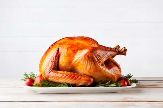 thanksgiving dinner with roasted turkey on white wooden table. autumnal or christmas decoration.