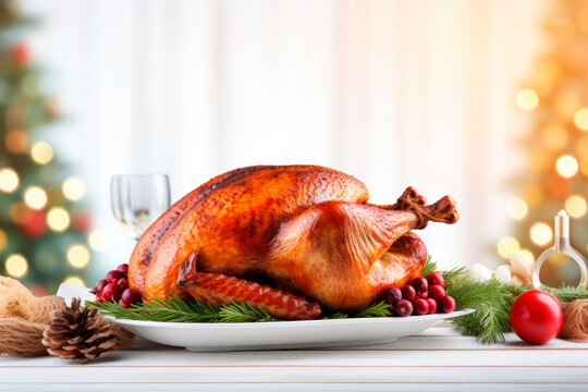 thanksgiving dinner with roasted turkey on white wooden table. autumnal or christmas decoration.
