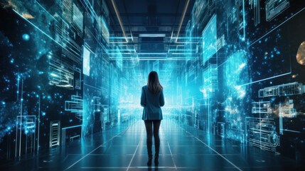 Woman in a Digital Server Room. Empowering Connectivity, Security & Data Storage in the Future of Technology, Networking & Information cloud.