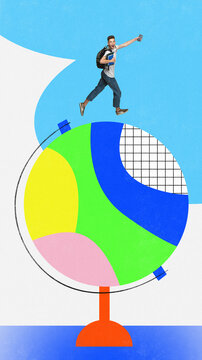 Vertical image of guy with backpack running huge spinning planet globe on drawing creative background. Contemporary art collage.