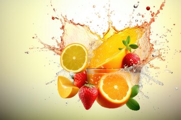 juice with splash and fresh fruits on light background