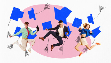 Happy graduated students jumping over bright background with painted mortarboard. Contemporary art collage.