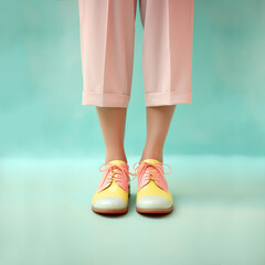 Legs of a woman in modern, pastel colored shoes. Fashion, shopping, shoes, minimal concept. AI generative, illustration
