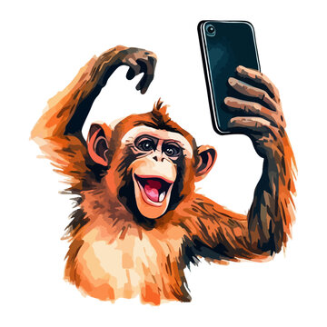 funny monkey with a smartphone taking selfie watercolor illustration