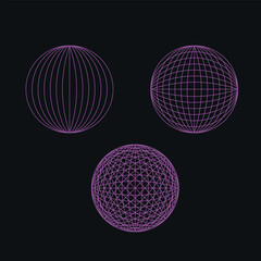 Set of neon purple  abstract geometric shapes or trendy geometric shapes black background . Concept psychedelic techno style. 