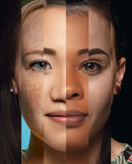 Human face made from different portrait of men and women of diverse age and race. Combination of...