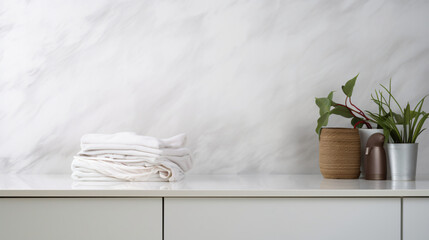 A white, out-of-focus home laundry room with a contemporary washing machine and an unoccupied marble table top. Empty background for product placement.

Generative AI.
