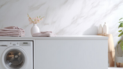 A white, out-of-focus home laundry room with a contemporary washing machine and an unoccupied marble table top. Empty background for product placement.

Generative AI.