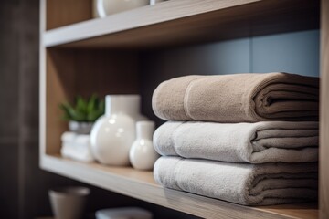 Shelf with towels at hotel spa.