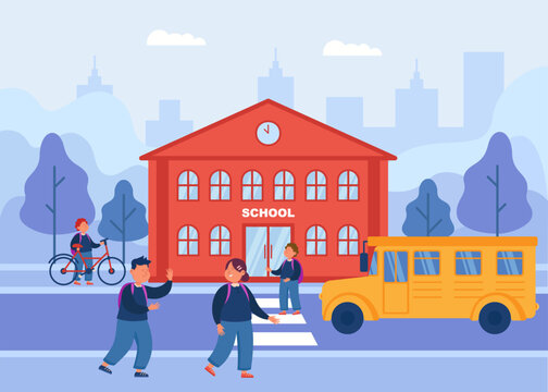 Students walking or using bus or bicycle vector illustration. Cartoon drawing of pupils getting to school on foot, by bus or bike, road in front of school. Education, childhood, transportation concept