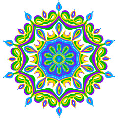 Mandala art with green, blue and purple colours.