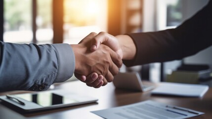 successful business agreement contract dealing businessman handshake close up hand palm with blur...