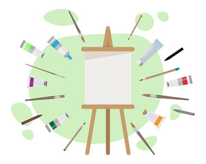 Art equipment around empty canvas vector illustration. Paint tubes, brushes, pencils, erasers and other tools or supplies for painting. Art, hobby, self-expression concept