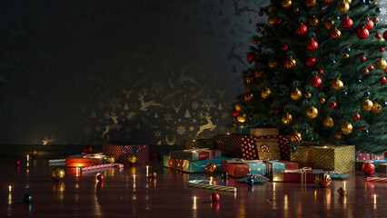 Christmas tree with gifts in living room, wrapped colorful boxes on the floor, a magical happy festive morning, cozy homely atmosphere, glitter lights, garland. Happy new year background. 3d rendering