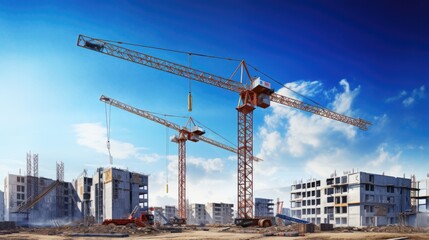 Crane and building construction site on blue sky background