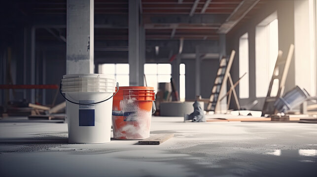 construction site of home renovation with paint and primer jerry buckets, ai generated