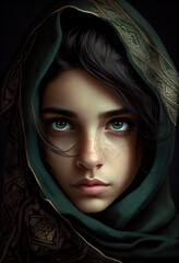 Generative AI portrait of a green-eyed girl with a headscarf, hijab, looking at the camera