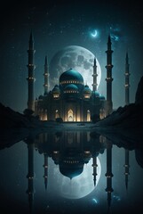 the beautiful mosque is reflected in the calm water under the night sky and bright moon. generative ai