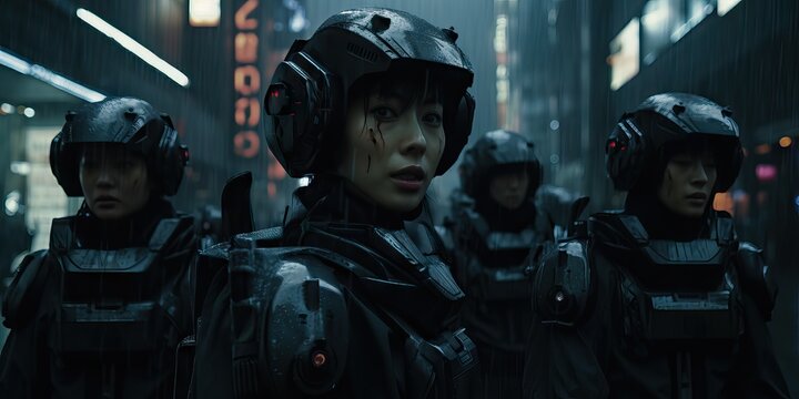 woman police group in cyberpunk city at night, dark futurist image, rainy day, riots in the slums