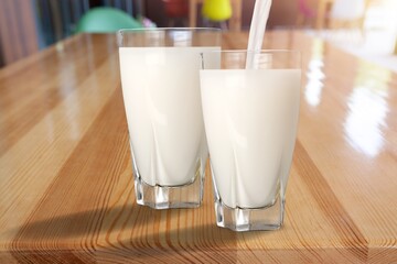 Fresh homemade kefir, milk or yogurt in glasses