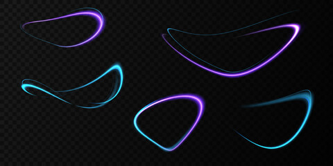 Set of abstract light lines of movement and speed. light blue and purple ellipse. Brilliant galaxy. Glowing podium. Space tunnel. Light everyday glowing effect. semicircular wave, light vortex wake.