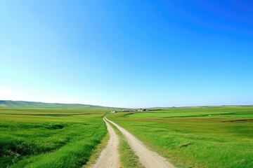 Wide shot of a pathway and a grassy area adjacent to it under a stunning blue sky. Generative AI