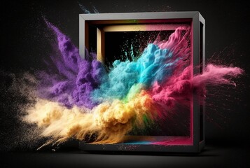Product display frame with colorful powder paint explosion. Generative AI