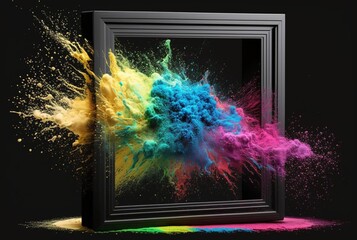 Product display frame with colorful powder paint explosion. Generative AI