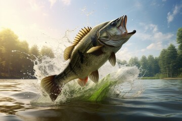 Bass Jumping out of water on lake