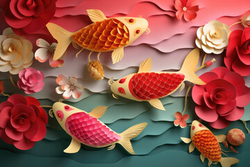 lucky koi fish in the water, Chinese new year and spring festival, poster and greeting card template, May you have abundance every year, generative AI