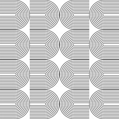 Modern vector abstract seamless geometric pattern with semicircles and circles in retro  style. Black u shapes on white background. Minimalist illustration in Bauhaus style with simple shapes.