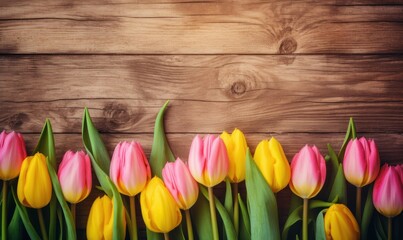 Bunch of pink, yellow and white tulips on a grunge wooden background