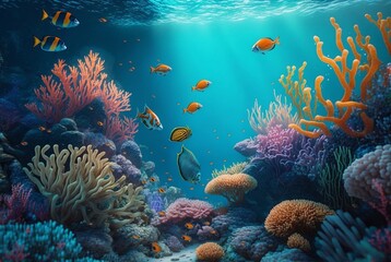 Fototapeta na wymiar Tropical underwater fish in coral reefs. Underwater panorama. generative ai