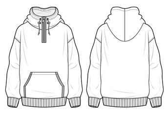 half zip-up hoodie front and back view flat sketch vector illustration mockup template