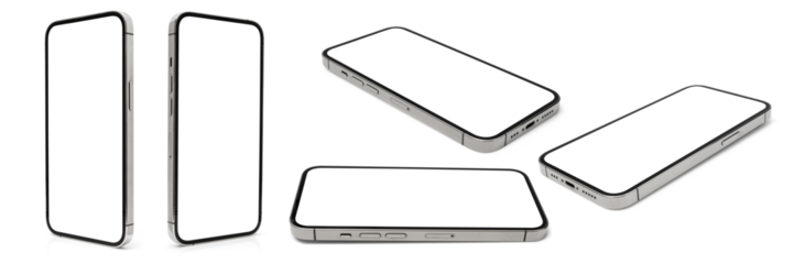 flat rays ,collection of smartphone mockup blank screen, mobile phone isolated with clipping path on transparent background