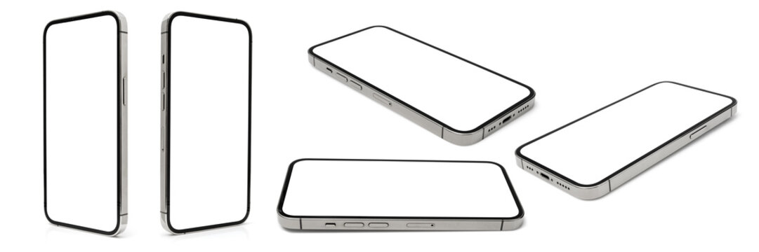 flat rays ,collection of smartphone mockup blank screen, mobile phone isolated with clipping path on transparent background