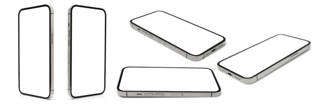 flat rays ,collection of smartphone mockup blank screen, mobile phone isolated with clipping path on transparent background