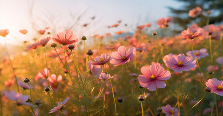 beautiful field sunset violet meadow nature flower white background blooming pink. Generative AI.