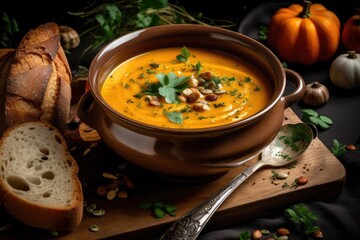 Vegan soup made with pumpkin and carrots in the fall, cream, seeds, and microgreens of cilantro. Fall and winter healthy slow food idea, comfort food. Generative AI
