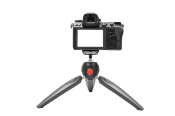 Mirrorless camera on a tripod for live or streaming, mockup camera isolated with clipping path on transparent background