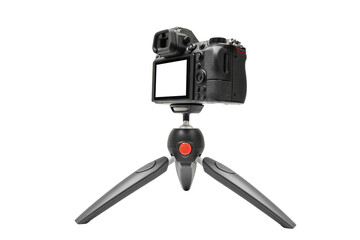 Mirrorless camera on a tripod for live or streaming, mockup camera isolated with clipping path on transparent background