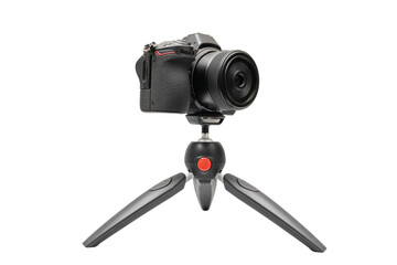 Mirrorless camera on a tripod for live or streaming, mockup camera isolated with clipping path on transparent background