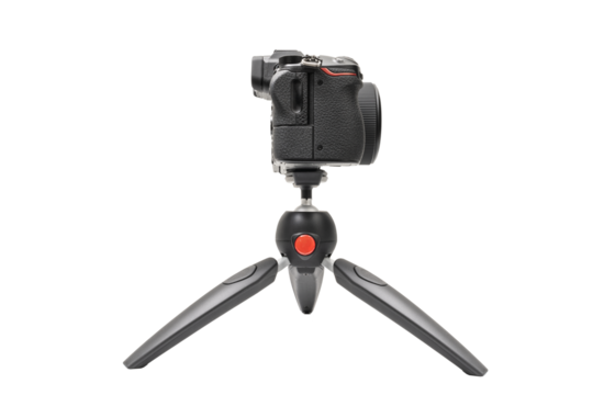 Mirrorless camera on a tripod for live or streaming, mockup camera isolated with clipping path on transparent background