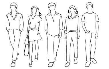 Vector silhouettes of  men and a women, a group of walking  business people,  linear sketch, black and white color isolated on white background