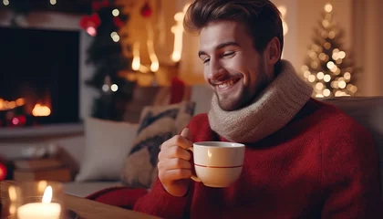 Poster man sipping hot cocoa by the fireplace, Christmas relaxation, festive beverages © gfx_nazim