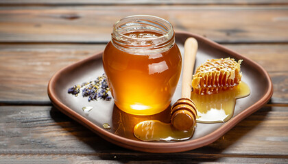 honey in glass jar with dipper and honeycomb on clay plate on wooden table